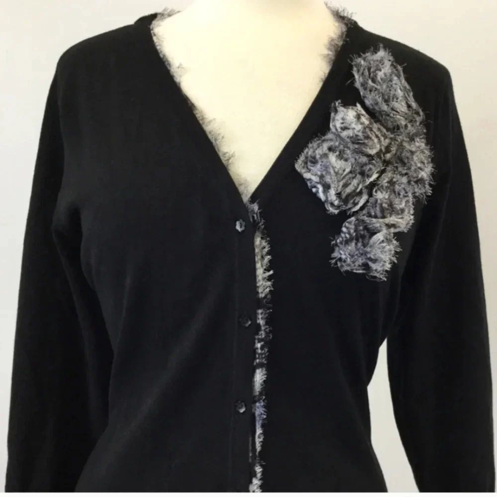Red Brand Black V Neck Cardigan Size L 3D Flowers